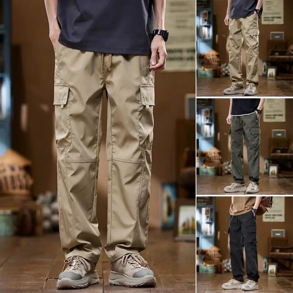 Ergonomic Design Trousers Vintage High Street Style Men's Cargo Pants With Drawstring Waist Multiple Pockets For Outdoor Travel