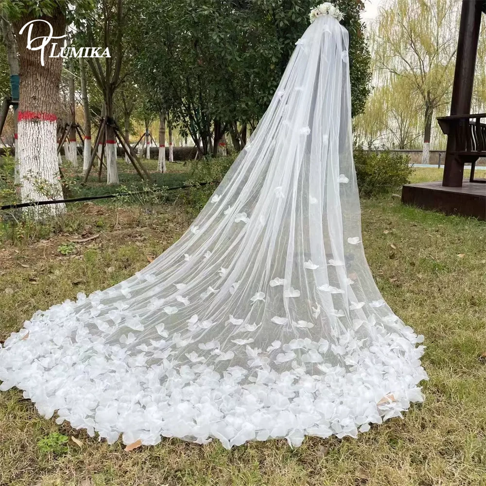 

Long Chapel Bridal Veil Handcrafted Flower Petals Single Tier Tulle Wedding Headwear Elegant Floral Cathedral Veil For Brides