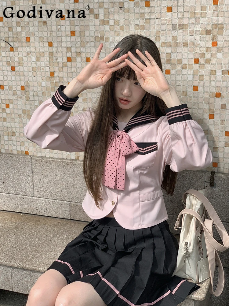 

Japanese College Jk Navy Collar Long Sleeve Pink Age-reducing Shirt Spring Autumn New High Waist A-line Versatile Fashion Skirt