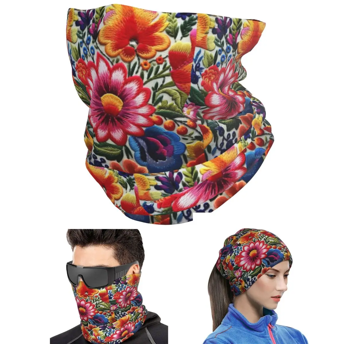 Colorful Mexican Floral Embroidery Bandana Neck Gaiter Printed Face Scarf Multi-use Headwear Unisex Adult Breathable