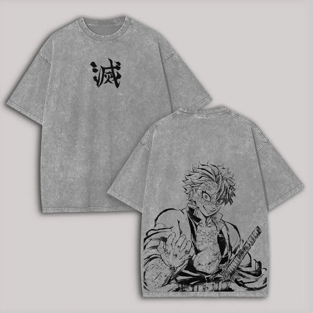 Demon Slayer Rengoku Kyoujurou Akaza Bedrucktes T-Shirt für Herren, kurzärmelig, Kleidung aus gewaschener Baumwolle, Vintage-T-Shirt
