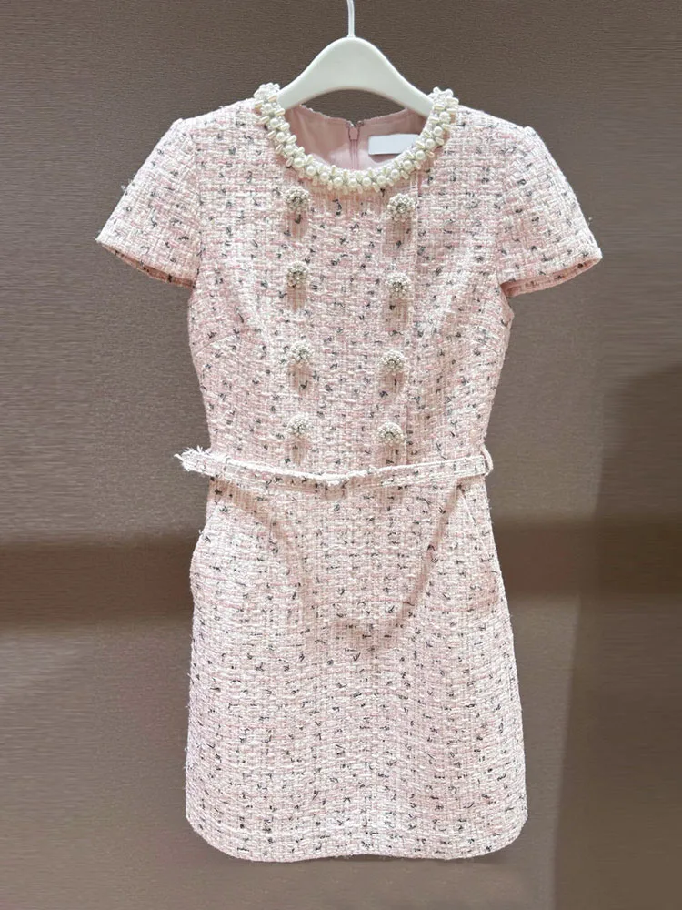 

Pink Tweed Dr High Waist Button Embelliment A-Line Skirt Sle Commute Simple Faion Spring Summer Autumn Dr