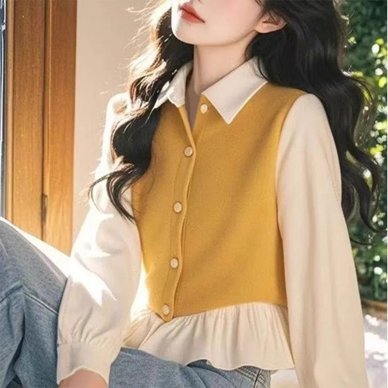 

Sweet Lapel Spliced Ruffles Fake Two Pieces Blouses Female Clothing 2025 Autumn New Loose Long Sleeve Korean Tops Chic Shirts
