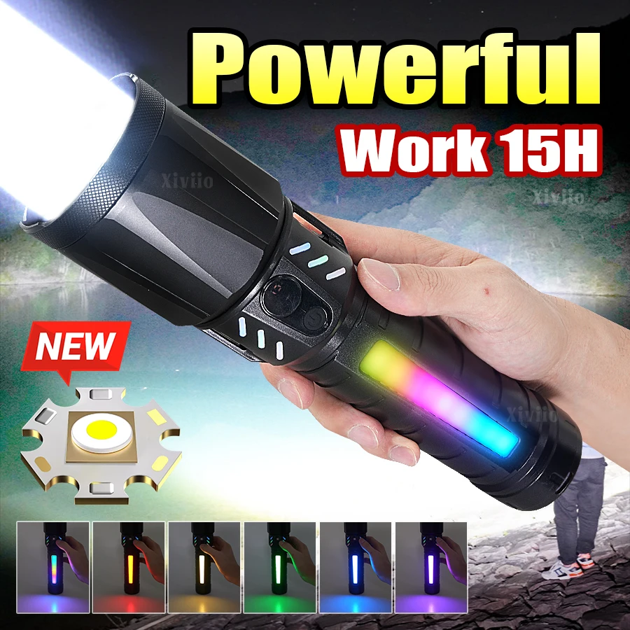 8000000LM Ultra Powerful Flashlight Built-in 6000mAh Rechargeable LED Tactical Torch Color RGB Hand Lamp Outdoor Fishing Camping