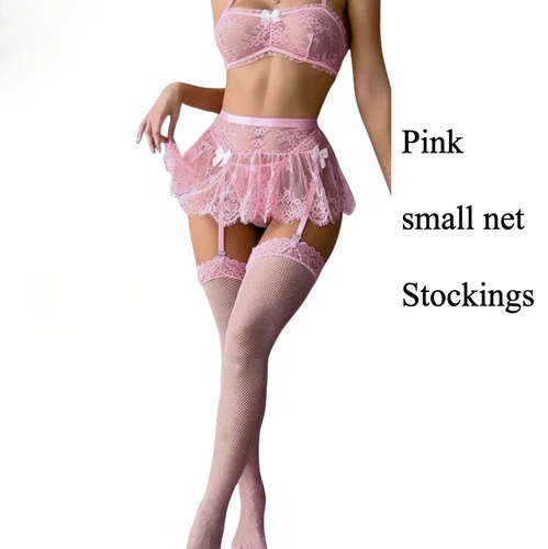 Medias de encaje estrechas (sin liga), medias de rejilla pequeñas para mujer, medias sexis negras, rosa claro y azul, medias de mujer