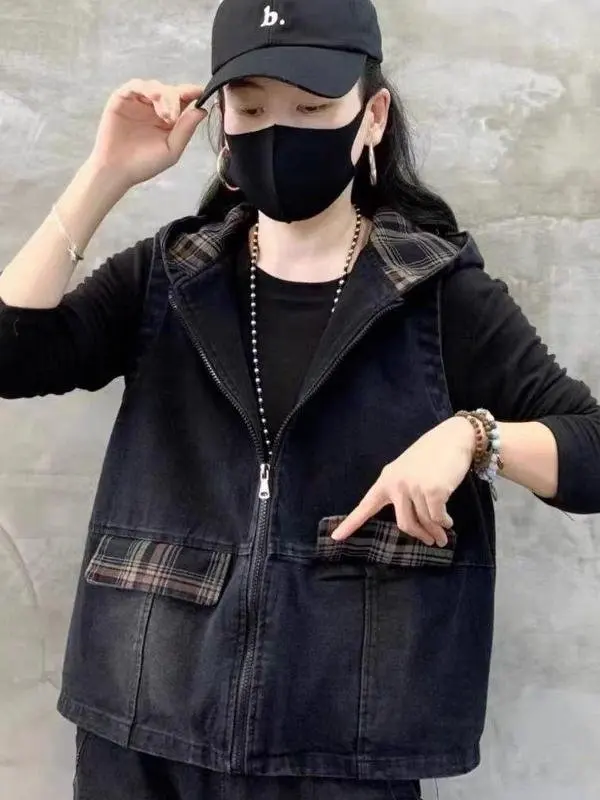 

Женский джинсовый жилет с капюшоном и принтом, весенне-осенняя свободная майка без рукавов в этническом стиле, повседневная универсальная модная верхняя одежда