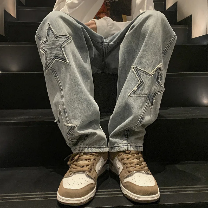 

Star Embroidery Straight Leg Denim Pants For Men Luxury Fashion Brand Wide Leg Loose American Cargo Baggy Jeans