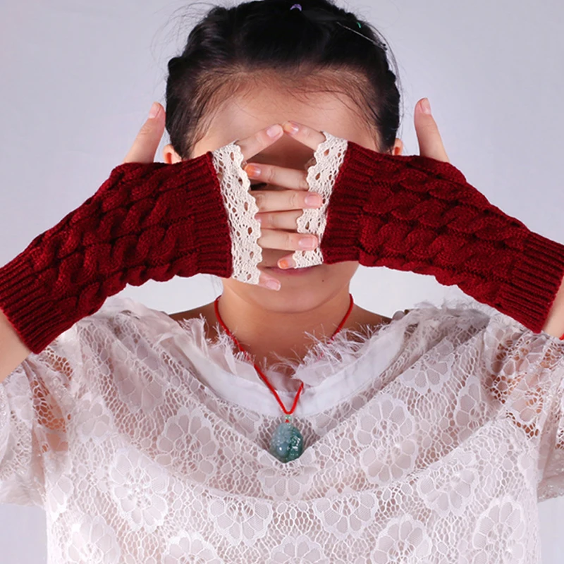 النبيذ الأحمر جديد الخريف الشتاء السيدات الدافئة اليابانية الكورية محبوك نصف اصبع قفازات محبوك قفاز الدانتيل كم واقي المعصم