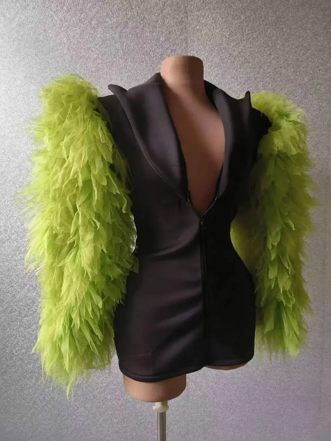Blazer noir pour femmes, vêtements de scène, robe à col, Design vert, manches bouffantes, Costume de chanteur Drag Queen, vêtements de scène pour boîte de nuit Jazz