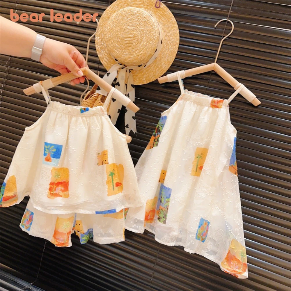 Bear Leader Korean Version Plain Girls Clothes Cute Decoration Simple Children's Clothing Camisole Top+shorts Two-piece Set