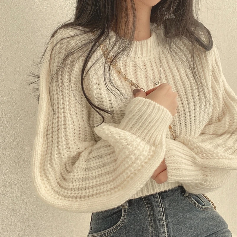 Maglione corto casual tinta unita Maglieria da donna calda ed elegante 2025 Pullover lavorato a maglia con maniche a lanterna con o-collo da donna autunno inverno