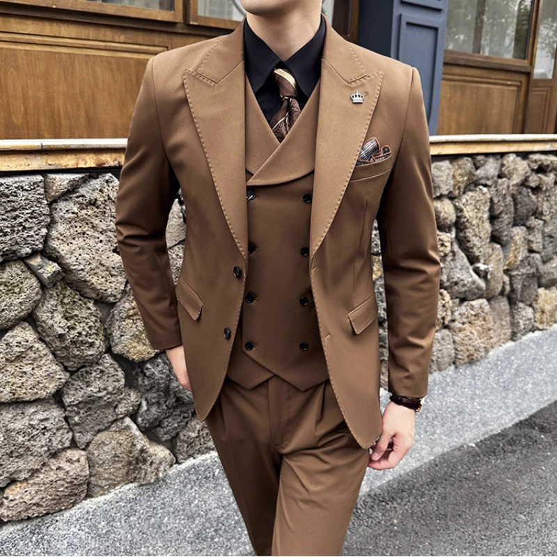 

(Blazer+Vest+Pants) Brand Classic Men Suit 3 Pieces Fashion Slim Fit Set Formal Business Wedding Tuxedos for Men Casual Clothing