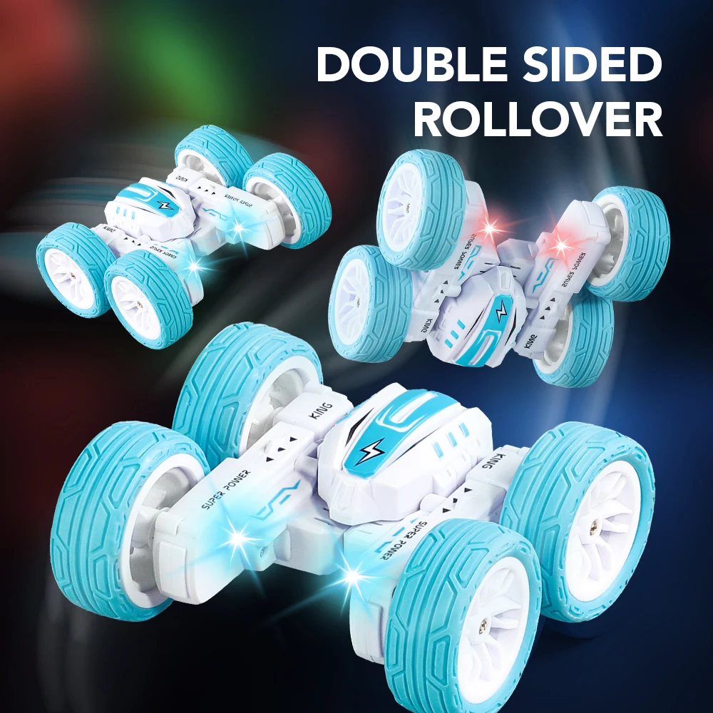 1 PC 2.4G deformed flower double-sided tumbling stunt remote control car 360°rotating LED light children\'s toy car birthday gift