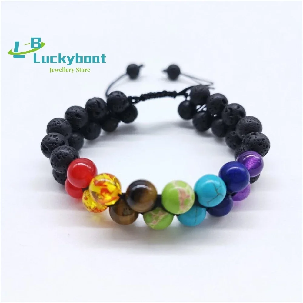 Colorful Yoga Double-layer Colorful Open Smile Bracelet Lansong Volcanic Stone Double Row Braided Bracelet