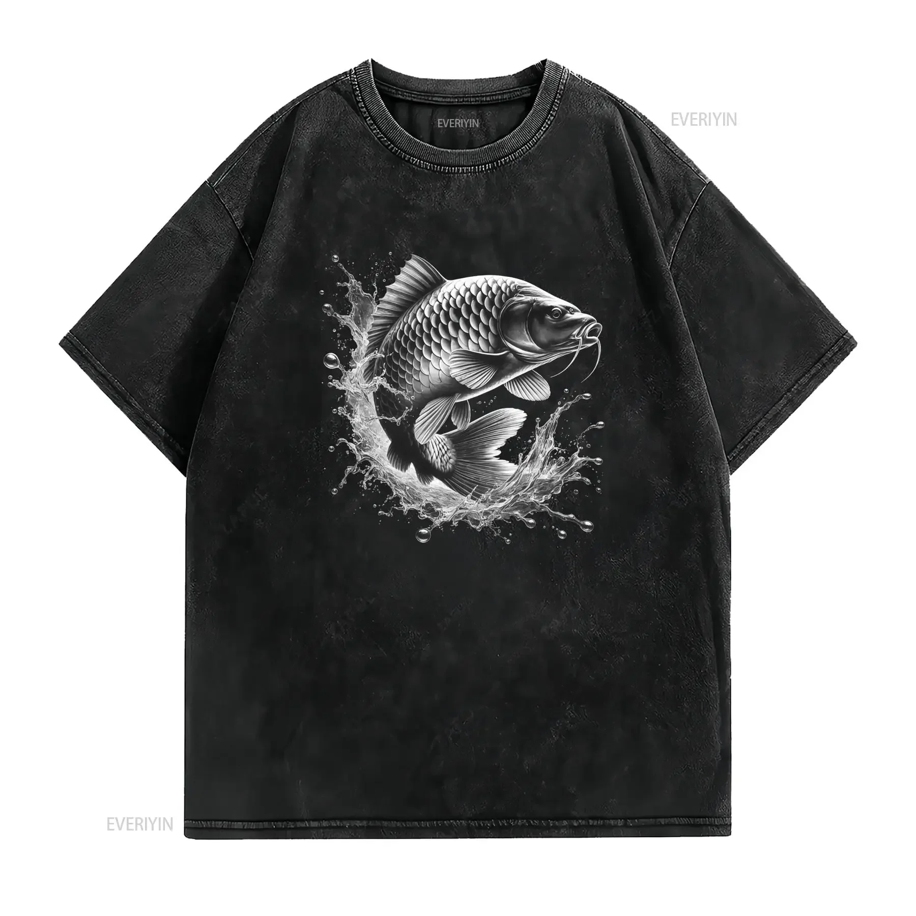 T shirt pour pêcheurs avec motif de carpe sautant hors l'eau Col rond décontracté tissu légèrement extensible coupe vintage