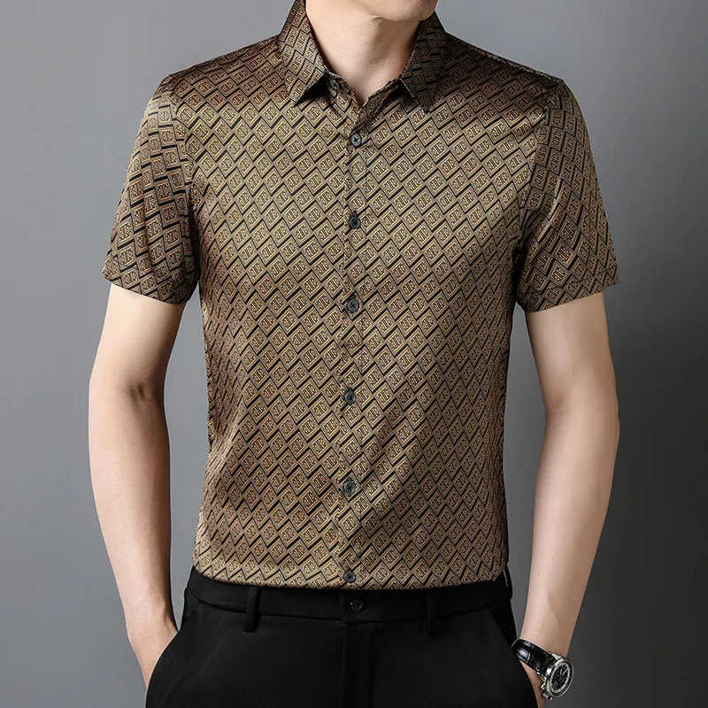 

High Quality Real Silk Short Sleeve Men's New Shirt Summer Casual Thin Middle-Aged Clothing