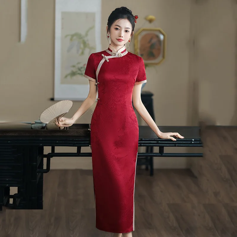 

Women New Chinese Style Red Cheongsam Summer Silk Dress Plus Size Short Sleeve Party Costume Vintage Qipao