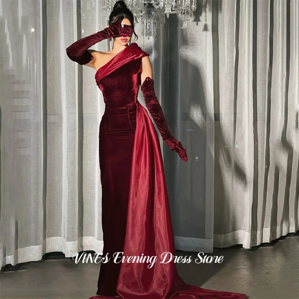 

VINES Burgundy Velvet Evening Dress One Shoulder Prom Dresses Asymmetric Draped Train Party Formal Gown robe de bal Customized