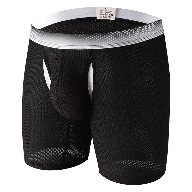 

Large Size Open Front Long Leg Boxers Men's Summer Breathable Mesh Hollow Panties Redundant Prepuce Physical Therapy Shorts