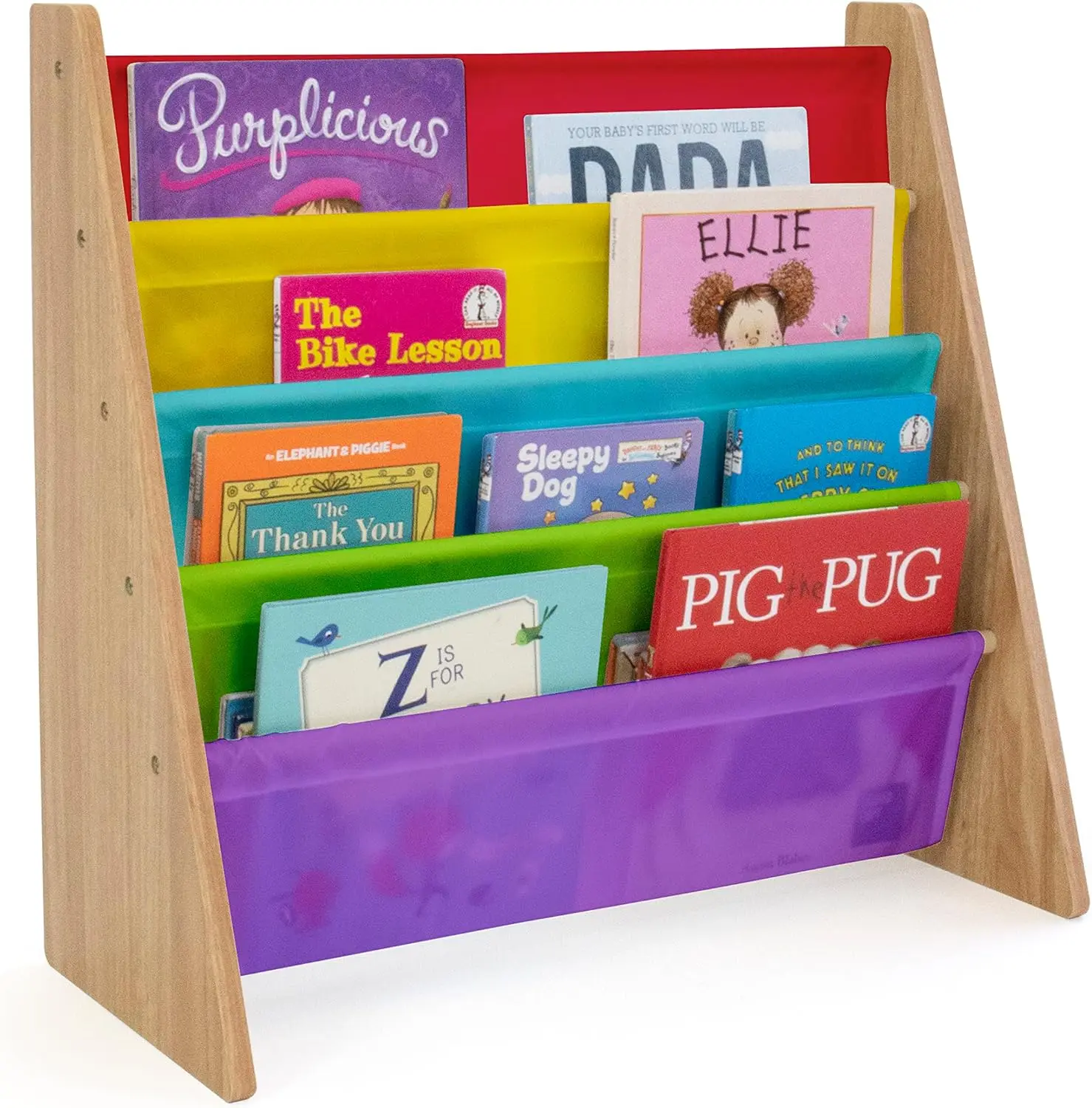 

4-Tier Kids Bookshelf with Deep Pockets, Natural Wood/Rainbow Design for Easy Book Display and Storage in Children's Rooms