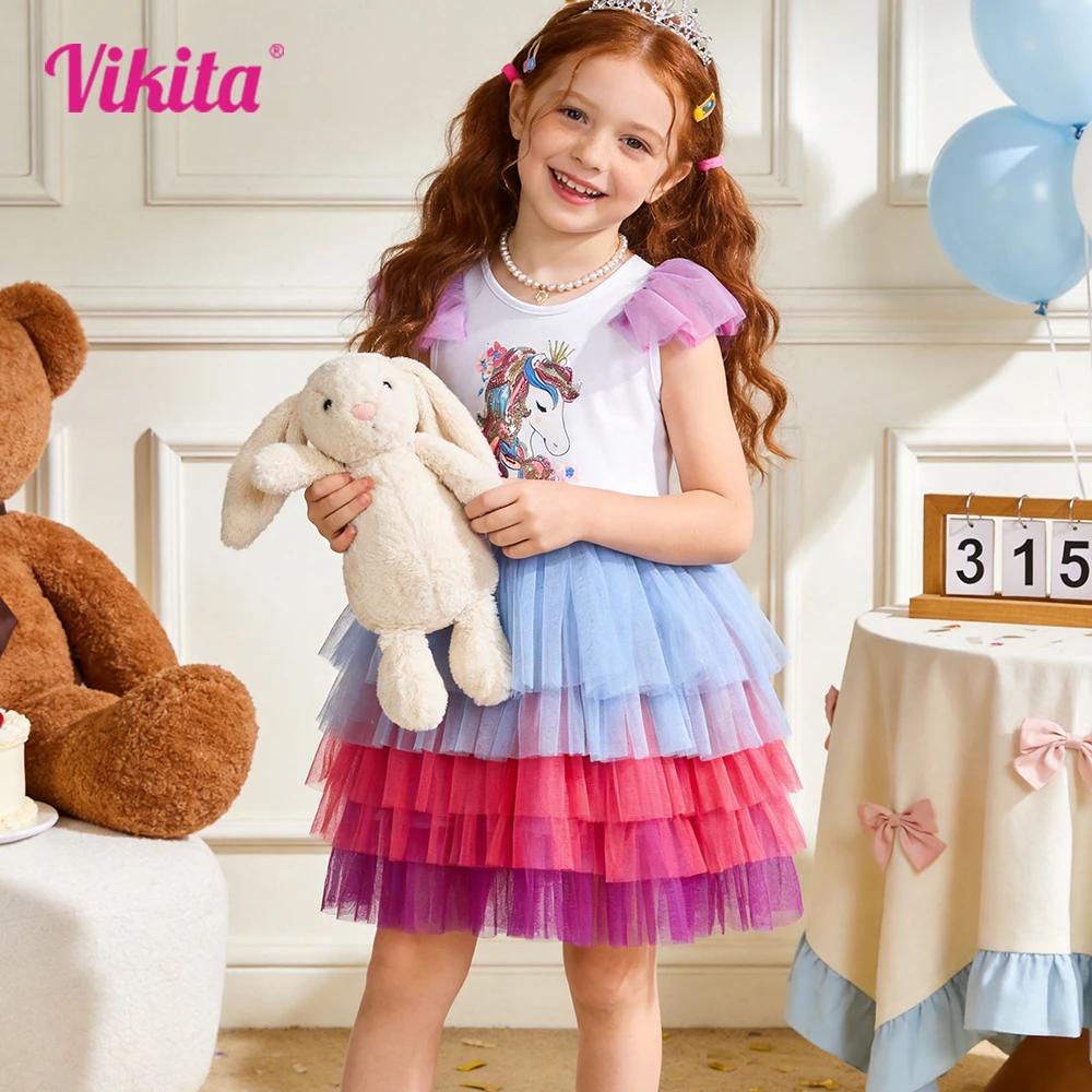 VIKITA Teenagers Girls Licorne Sequined Appliqued Cartoon Dress Kids Colorful Tiered Tulle Layered Tutu Dresses for Summer 3-12Y