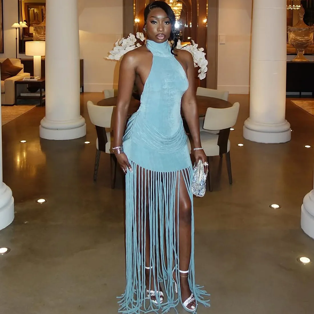 

Long Tassel Spliced Ruched Bodycon Maxi Party Dress 2026 Valentine's Day Women Sexy Lace Up Ribbon Halter Birthday Party Outfits