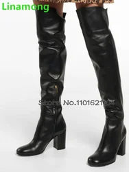 Square Heel Round Toe Leather Fabric Boots For Female Women 2024 Winter New Over-the-knee Side Zipper Elegant Fashion Solid Shoe