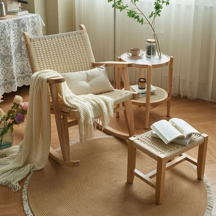 HYS medieval solid wood woven rocking chair adult balcony home living room leisure rattan chair single sofa recliner