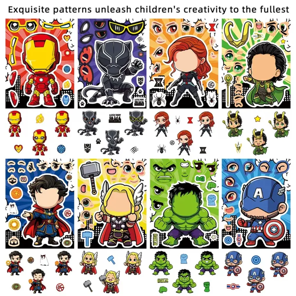 8/16 листов Marvel супергерои Мстители Make-a-Face головоломка наклейка DIY ноутбук Чемодан скейтборд граффити наклейки для подарка