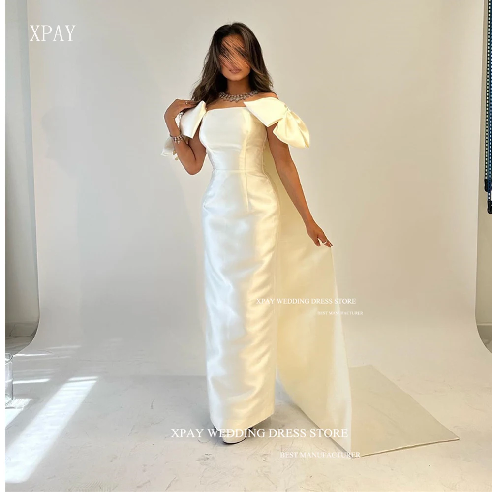 

XPAY Elegant White Satin Evening Dresses Saudi Arabic Women Bow Shoulder Strapless Cape Long Sleeves Formal Prom Occasion Gowns