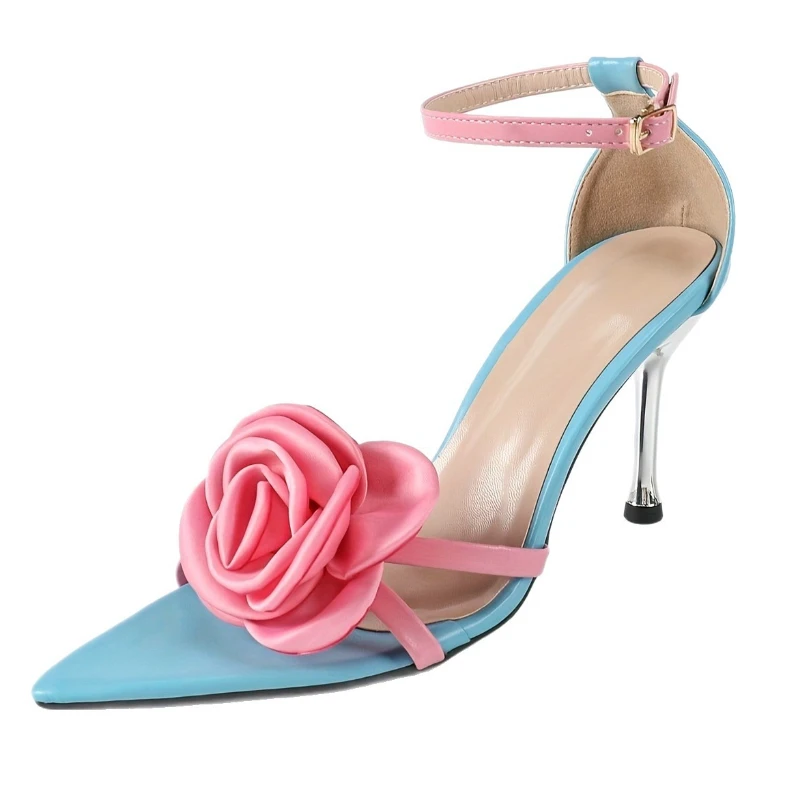 

Sexy Pointed Toe Mixed Color Thin Heeled Sandals Women Fashion Satin Flower Cover Heel Brand Heels Luxury Wedding Bridal Shoes