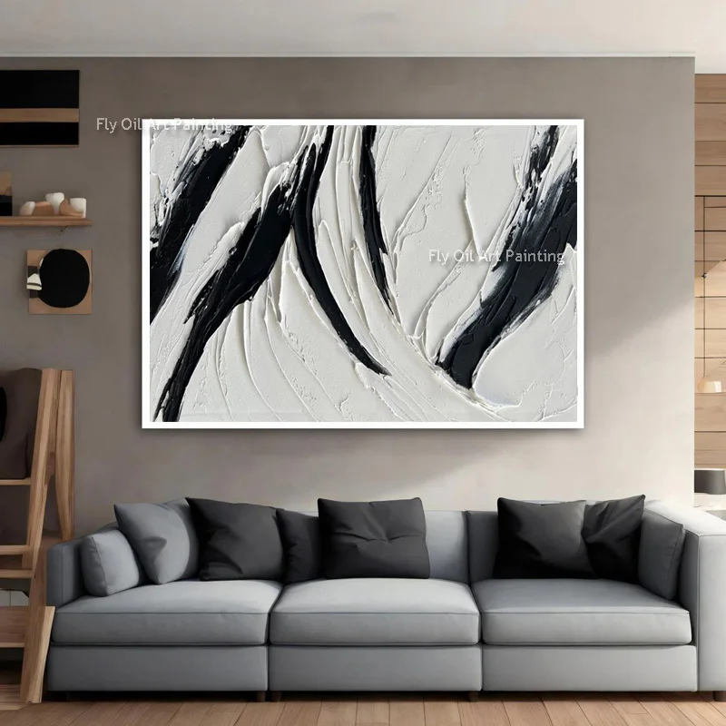 Simple Design Handmade Black And White Knife Thick Oil Painting On Canvas Abstract Wall Art Decor For Living Room Decor As Gifts