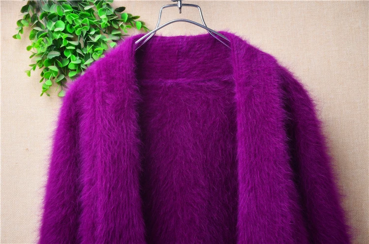 04 Ladies Women Fall Winter Clothing Purple Hairy Mink Cashmere Knitted Short Style Slim Cardigans Mantle Jacket Coat Sweater