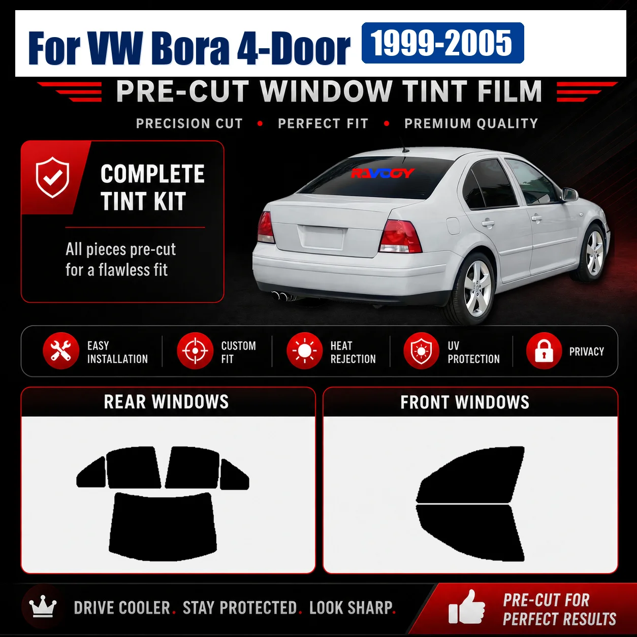 For VW Bora 4-Door 1999-2005 Glass Tint Kit Tailored Front Rear Side Window Precut Glass Kit