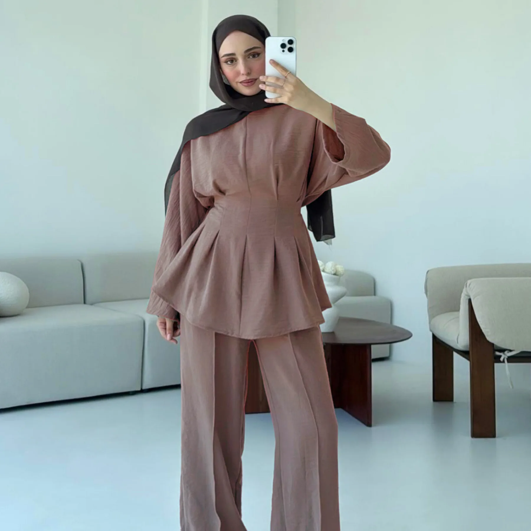 Modest Women Tops Trouser Suit Wide Leg Pants Muslim Set 2 Piece Outfits Dubai Abaya Turkey Islam Clothing Musulmane Ensembles