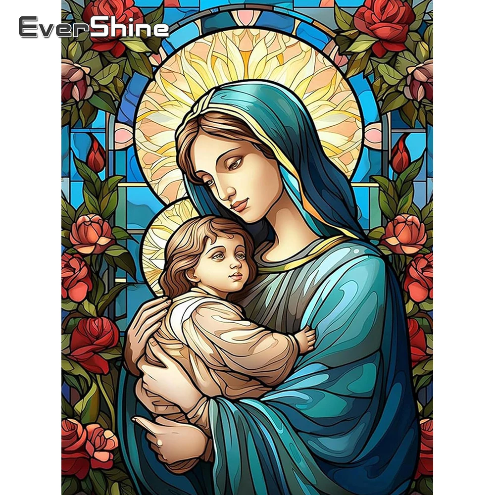 Evershine DIY Diamant-Mosaik Jungfrau und Kind Vollflächiges Malerei-Set Religiöses Strass-Bild Mosaik-Rosenbild Handgefertigt