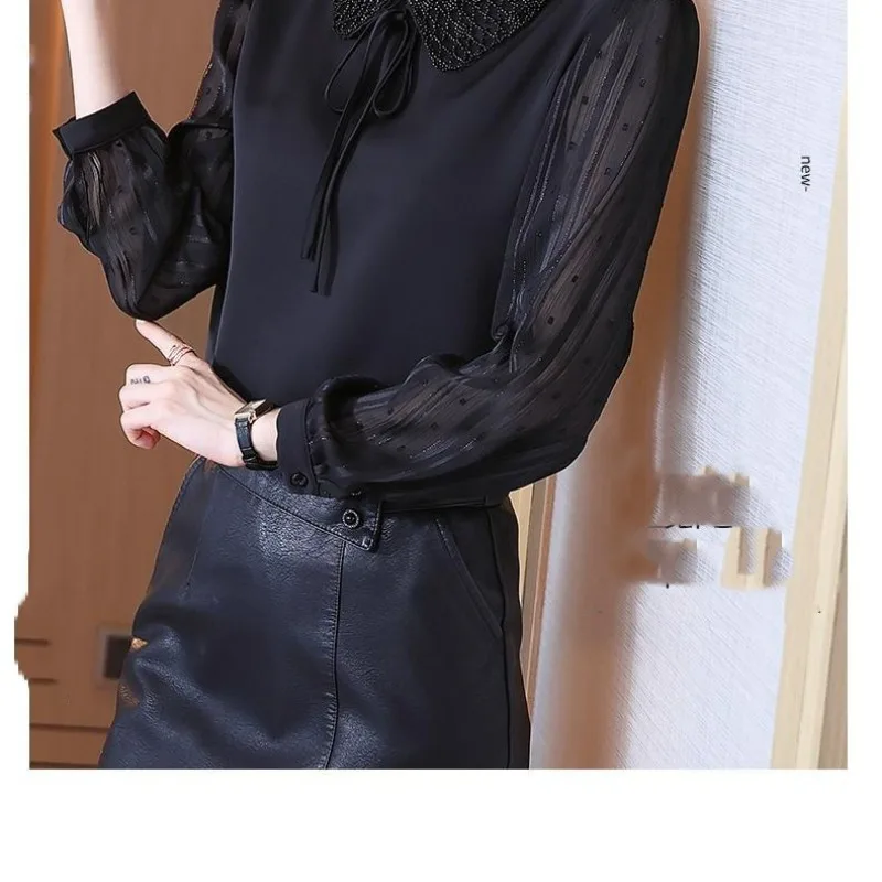 Spring and Autumn Women\'s Pullover Doll Neck Solid Color Lace Up Loose Fit Long Sleeve Chiffon Shirt Fashion Commuter Tops