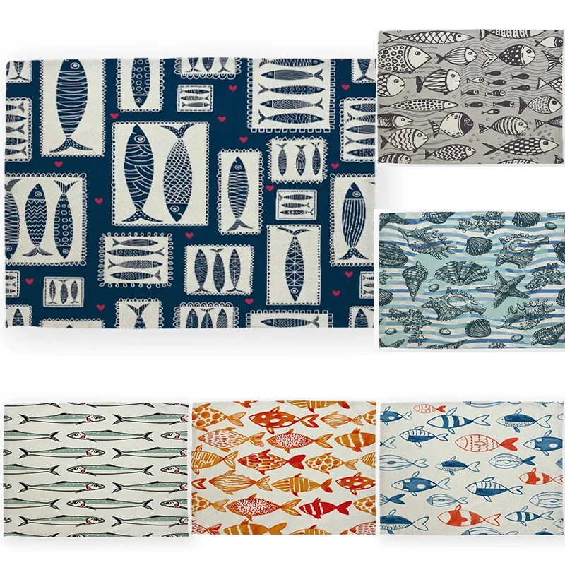 Seafood & Ocean Creature Shell Print Kitchen Mat Linen Dining Table Pads Drink Coaster Bowl Cup Mat Fish-Themed Home Decoration