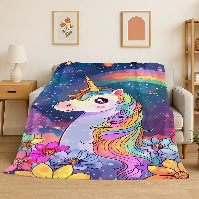 Dream Unicorn Rainbow Cartoon Flannel Blanket Soft Warm Throw Blanket for Bedroom Living Room Bed Travel Camping Picnic Cover