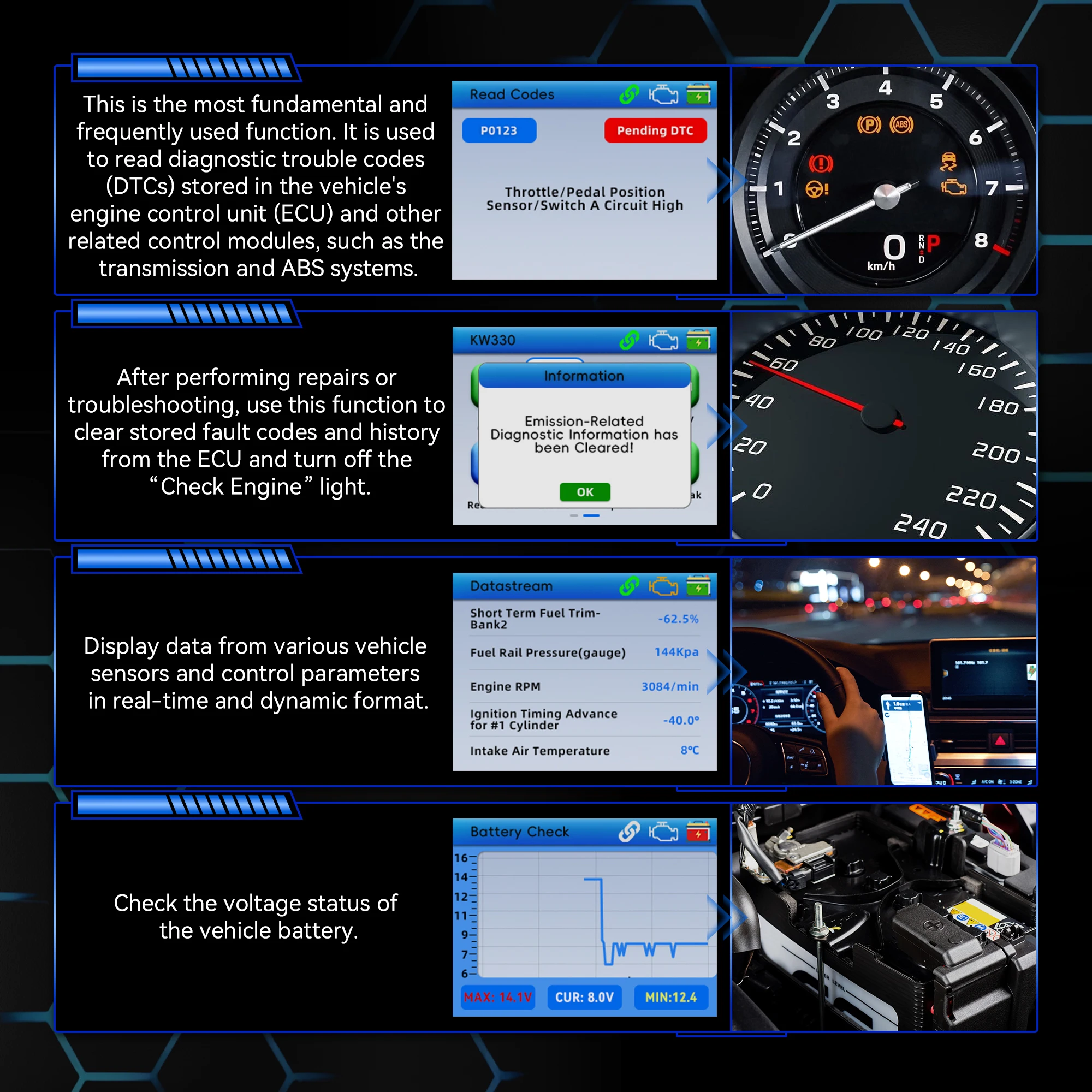 KONNWEI KW330 Car OBD2 Fault Scanner Engine Battery Test Fault Code Clear Real-Time Data Professional OBD Inspection Tool