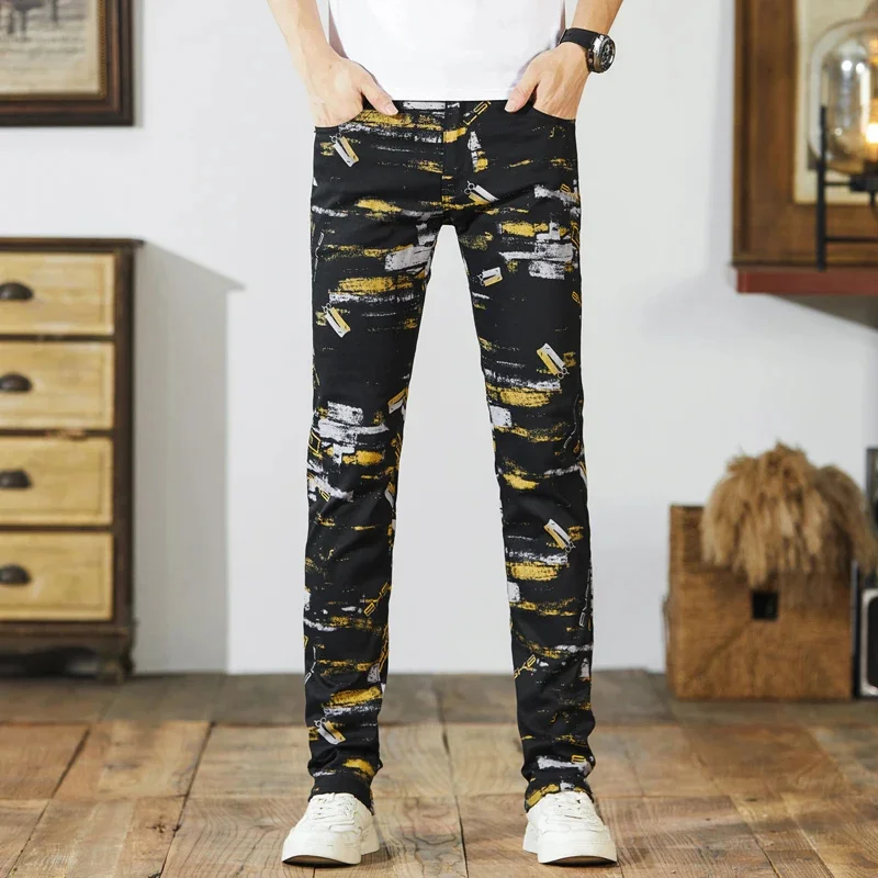 Street unique personality camouflage print men's casual pants Trendy Slim American small straight jeans man