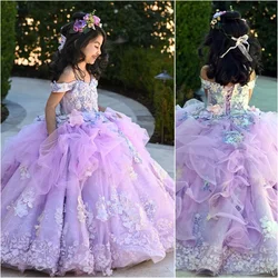 Lavender Flower Girl Dresses for Wedding 3D Floral Lace Appliques Floor Length Kids Birthday Party First Holy Communion Gowns
