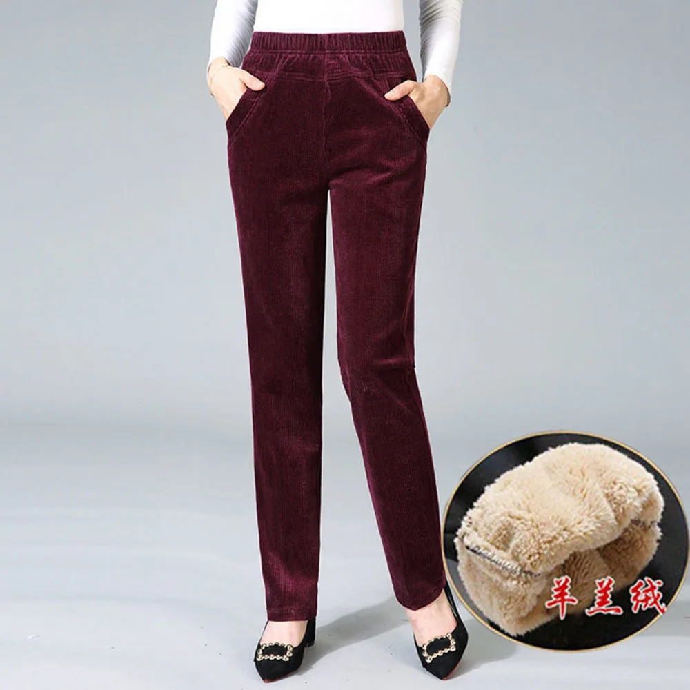 Winter Warm Cashmere Trousers Vintage Slim Waist Add Velvet Lady Pants Casual Thickening Corduroy Straight Pants Women