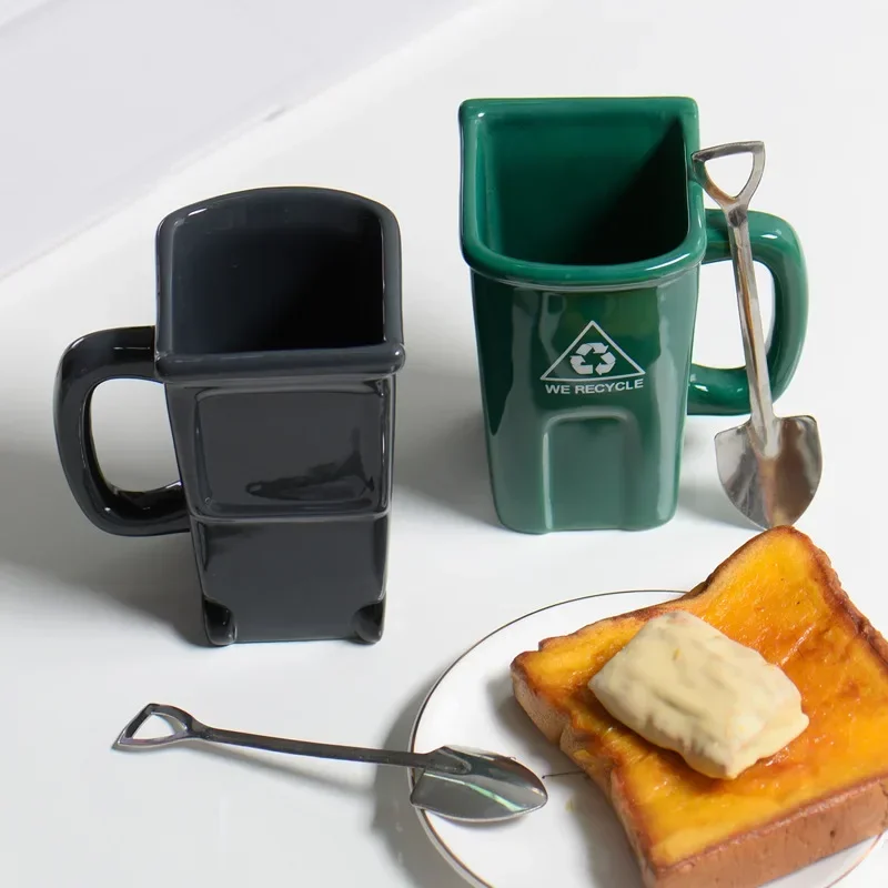 New Funny Style Ceramic Mug Trash Can Shape Cup Creative Funny Coffee Cup Milk Mug Large Capacity Ceramic Mug with Shove Gift