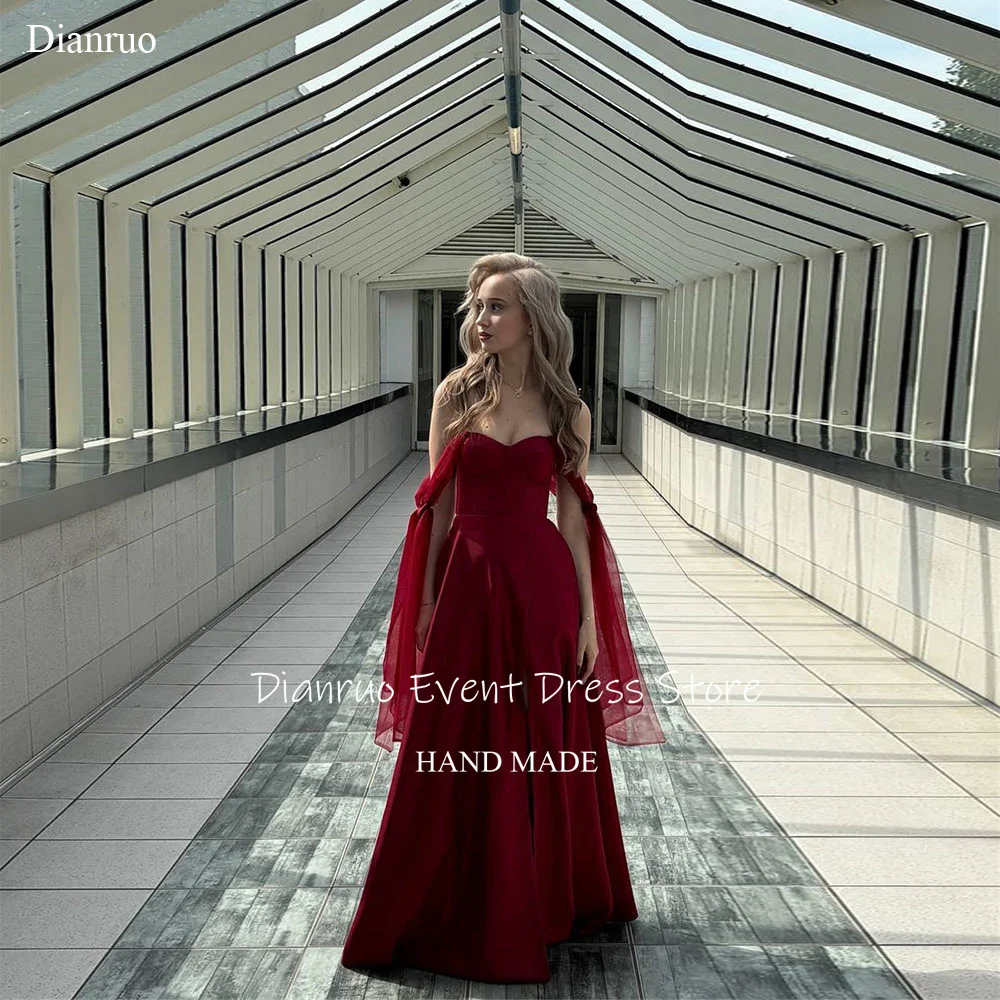 Dianruo бордовое вечернее платье с высоким разрезом, стильное прозрачное тюлевое платье с рукавами, Vestidos De Fiesta, шикарное вечернее платье с открытыми плечами по индивидуальному заказу