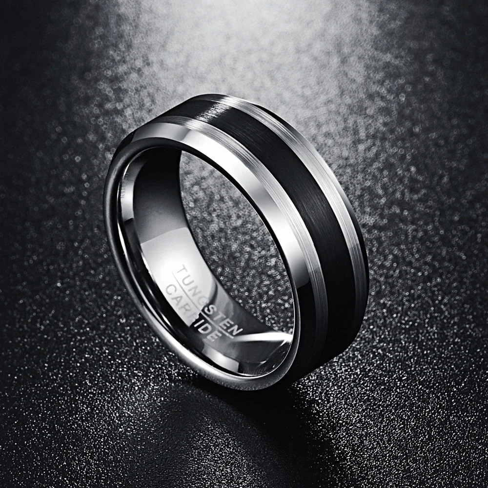 Nuncad-男性用タングステンカーバイドリング、結婚式と婚約用のブラシリング、センターベベルエッジ、ブラック仕上げ、t020r、8mm