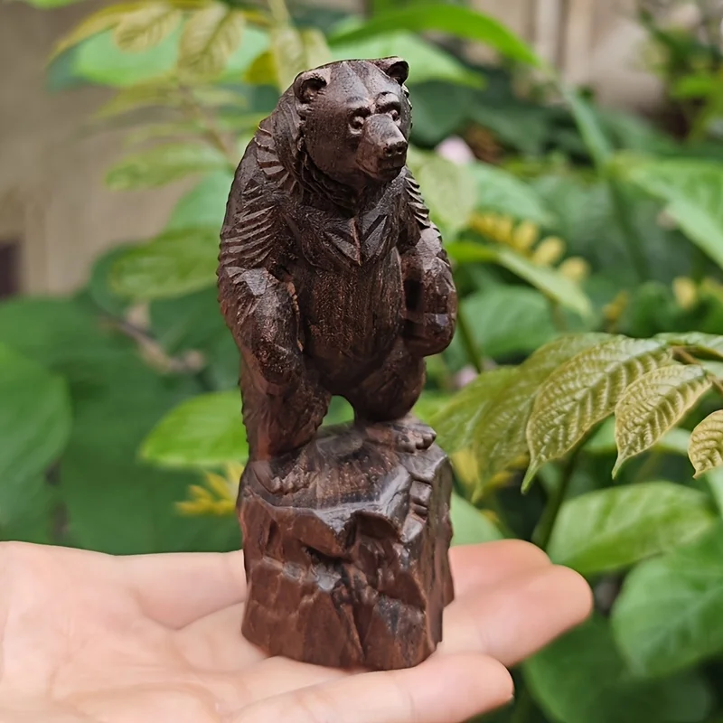 3.9 Inch Wooden Bear Hand-Carved Ornament Realistic Design, Natural Theme Suitable for Party Decorations, Centerpieces, Halloween Decorations, Indoor Decorations, Study Room, Housewarming Gifts, Creative Desktop Ornaments