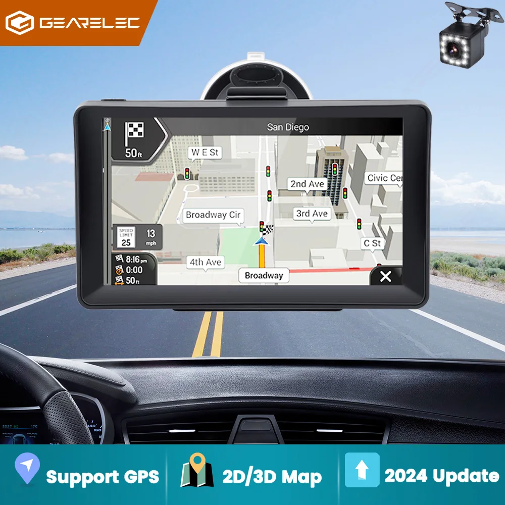 Gearelec 7 Inch Car GPS Navigation Touch Screen 256M+8G FM Voice Prompts Europe 3D Map Free Update Truck GPS Navigators 2024