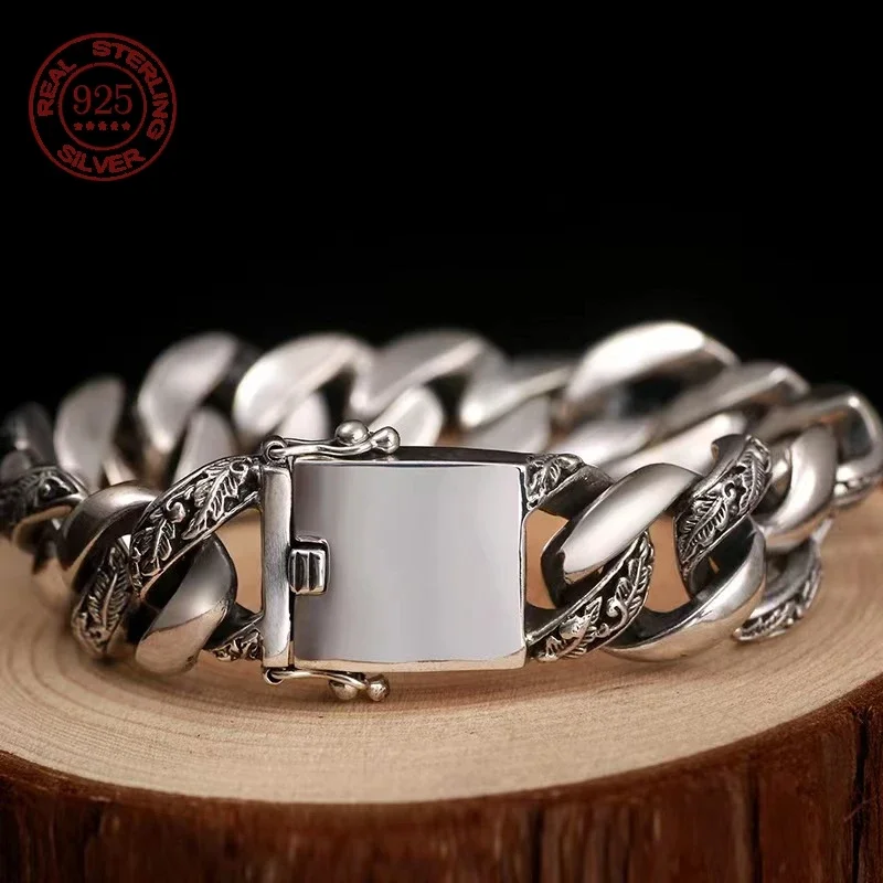 100% s925 Sterling Silver trend Retro fashion Cuban charm Solid Bracelet Men's cuff trend Powerful street fashion jewelry gift