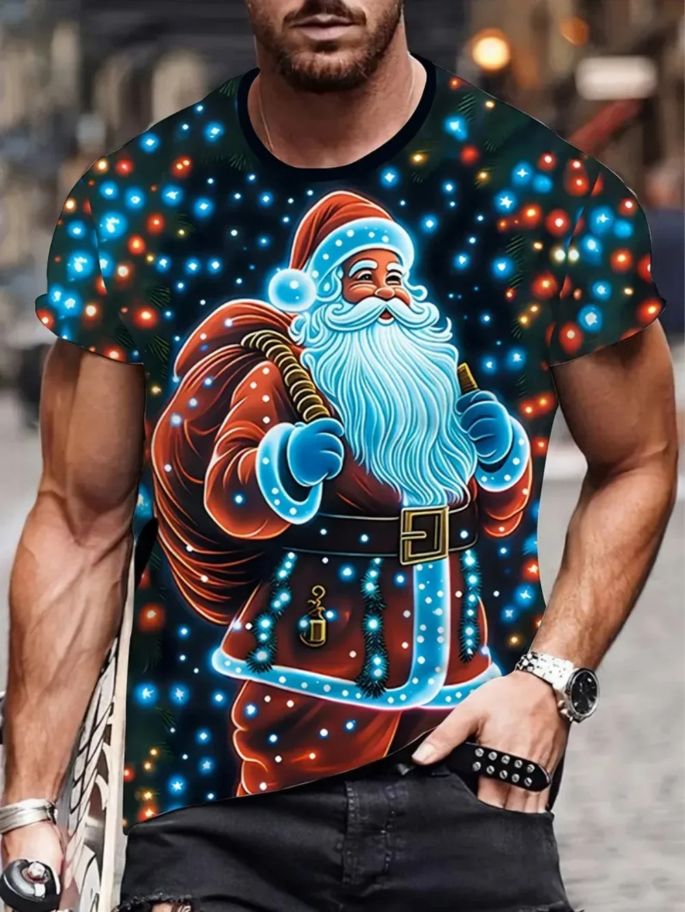 Weihnachts-Weihnachtsmann 3D-Druck T-Shirt für Männer, Lässiges Kurzarm-Shirt, Modisches O-Neck-Oberteil, Neujahrsgeschenk, Übergroßes T-Shirt – Detail 3